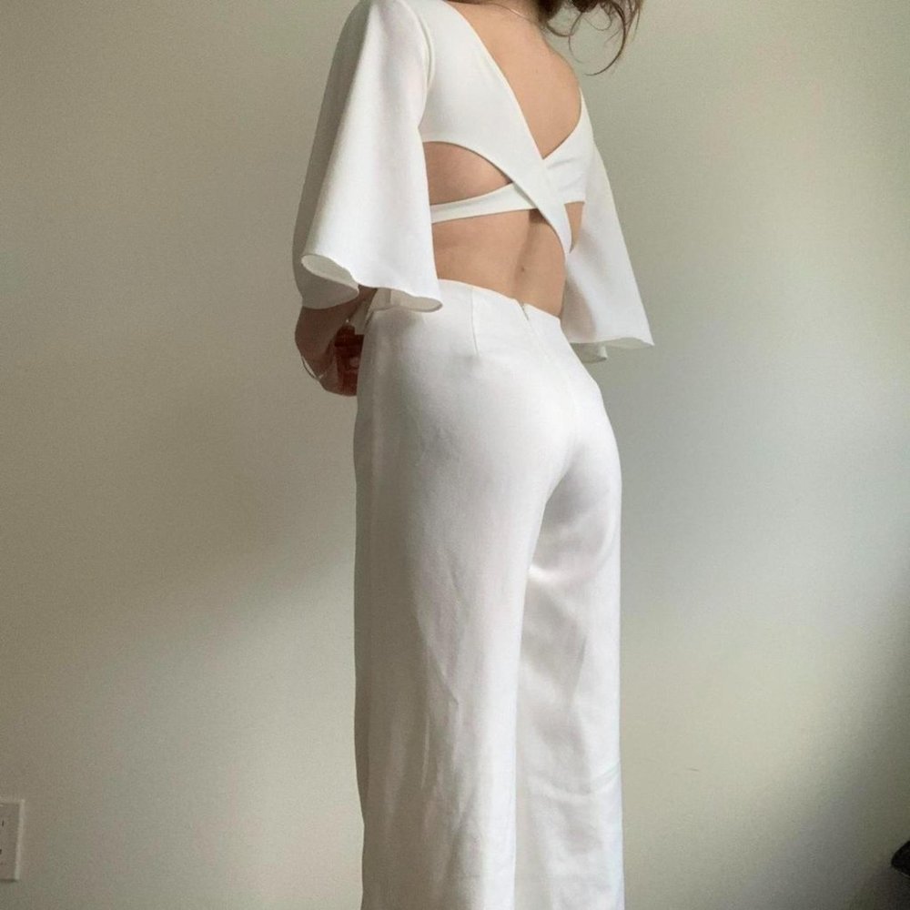 White Cross Open Back Jumpsuit with Bell Sleeves